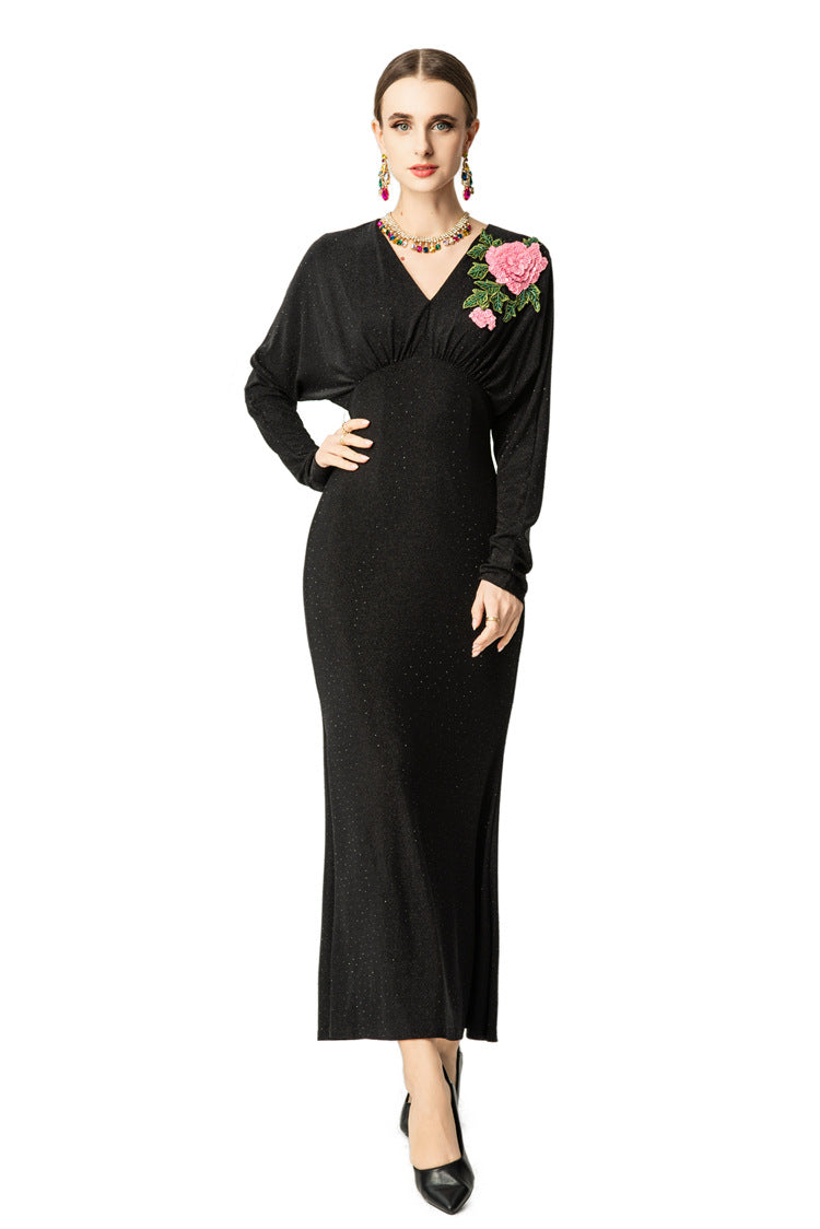 V-Neck Batwing Sleeve Peony Embroidery Mermaid Dress SP10048