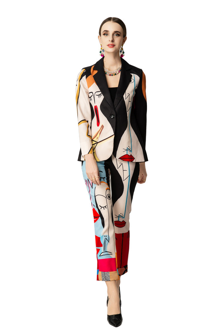 Abstract Face Print Blazer & Cropped Pants Two-Piece Set SP10052