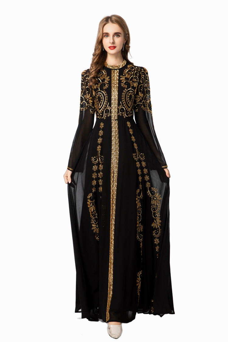 Black & Gold Sequin Embellished Middle Eastern Maxi Dress SP10021