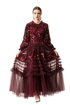 Burgundy Sequin Ruffled Tulle Tiered Maxi Evening Dress SP10016