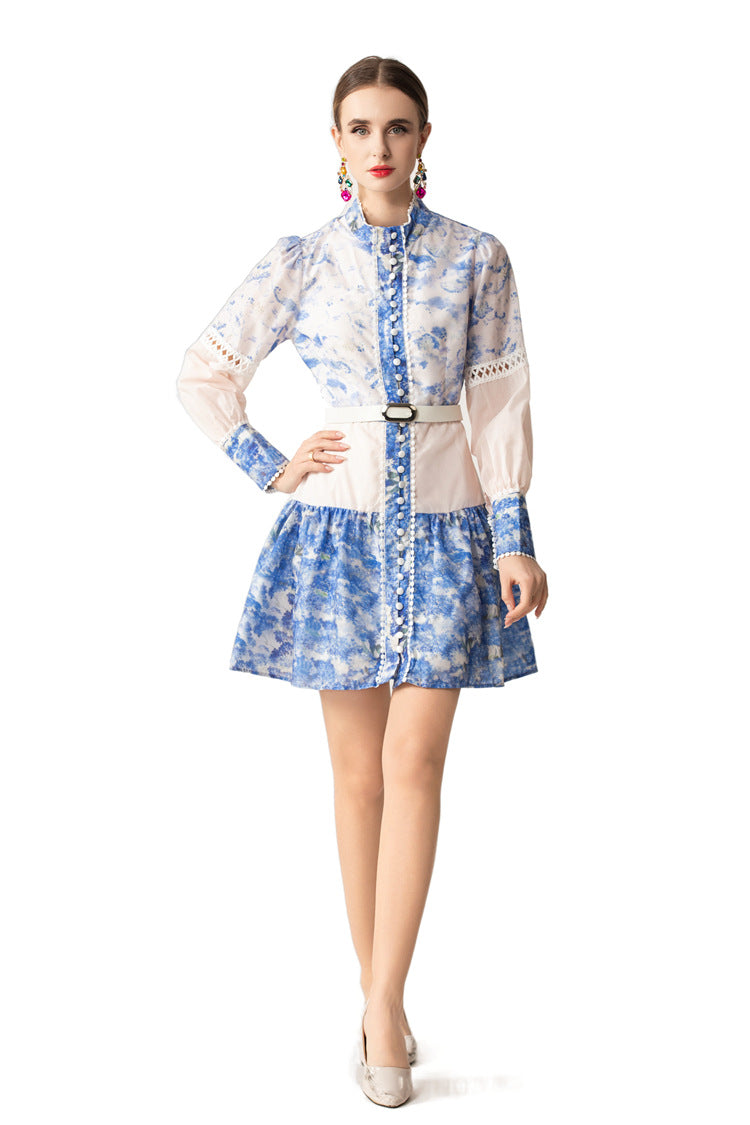 Blue White Porcelain Print Lace Cutout Shirt Dress with Belt SP10065