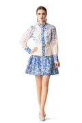 Blue White Porcelain Print Lace Cutout Shirt Dress with Belt SP10065