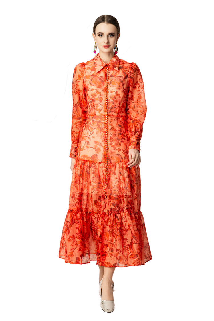 Orange Floral Print Collared Tiered Ruffle Maxi Dress SP10047