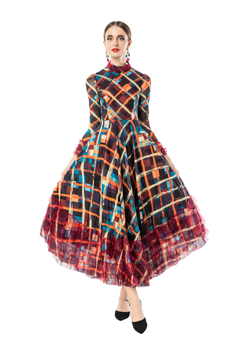 Ruffled Neck Plaid Print Tiered Tulle Maxi Dress SP10091