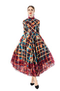 Ruffled Neck Plaid Print Tiered Tulle Maxi Dress SP10091