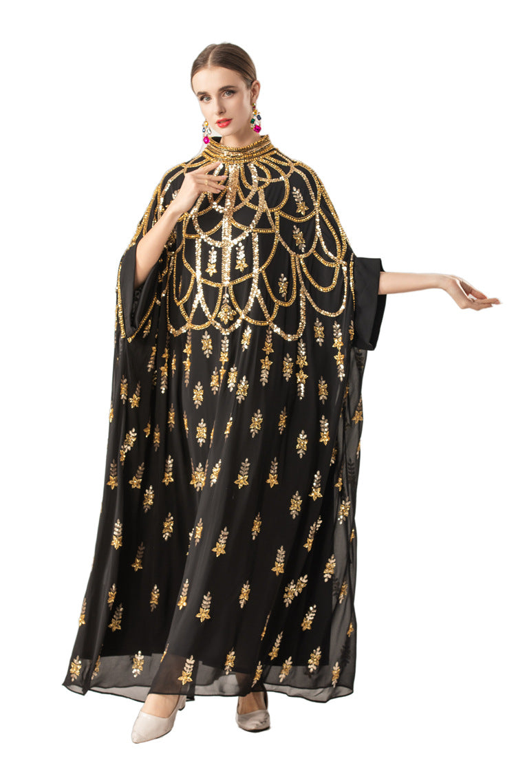 Gold Sequin Embellished Middle Eastern Kaftan Maxi Dress SP10067