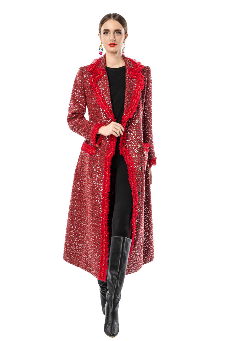 Red Sequin Fringe Trim Double-Breasted Maxi Coat SP10093