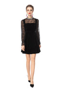 Black Velvet Mini Dress with Rhinestone Collar & Sheer Mesh Polka Dot Sleeves SP10110