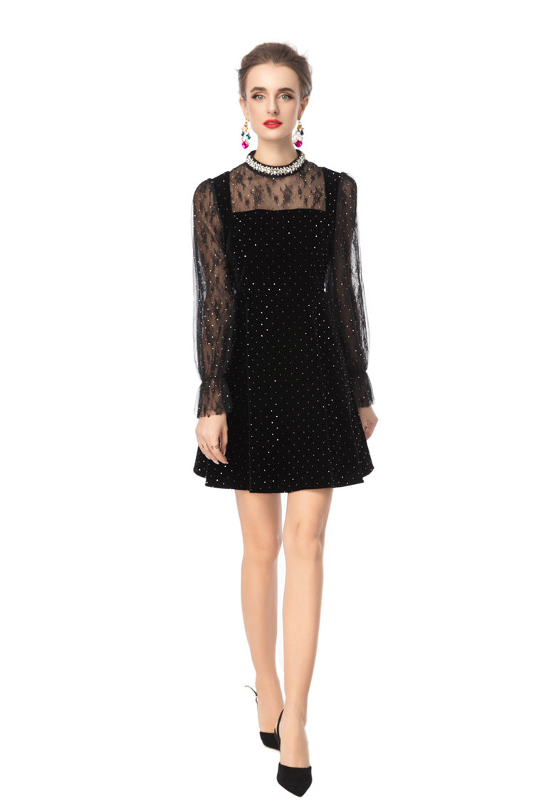 Black Velvet Mini Dress with Rhinestone Collar & Sheer Mesh Polka Dot Sleeves SP10110