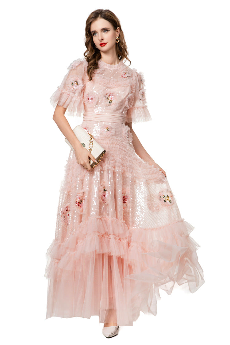Pink Sequin 3D Floral Ruffled Tulle Maxi Princess Dress SP10023