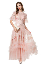 Pink Sequin 3D Floral Ruffled Tulle Maxi Princess Dress SP10023