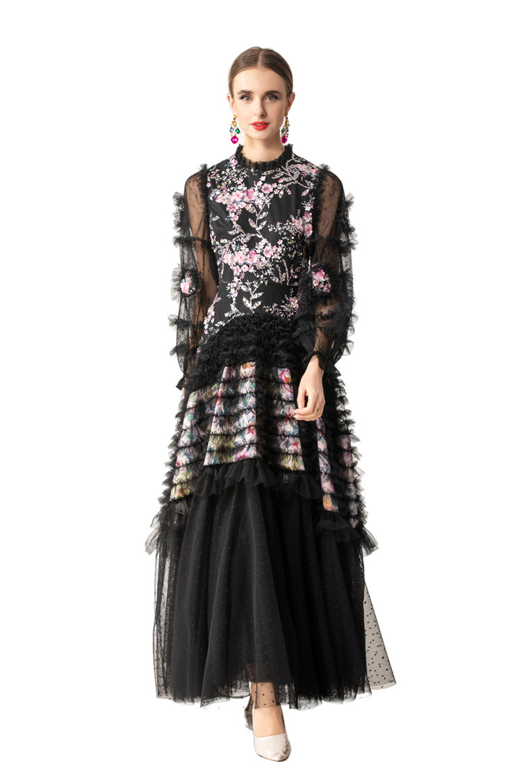 Ruffled High Neck 3D Floral Tiered Tulle Maxi Dress SP10083