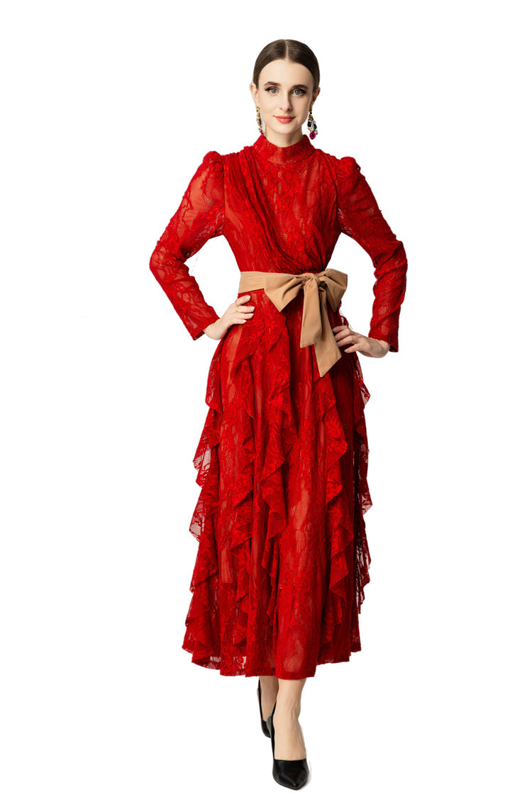 High Neck Lace Ruffle Hem Maxi Dress with Detachable Belt SP10045