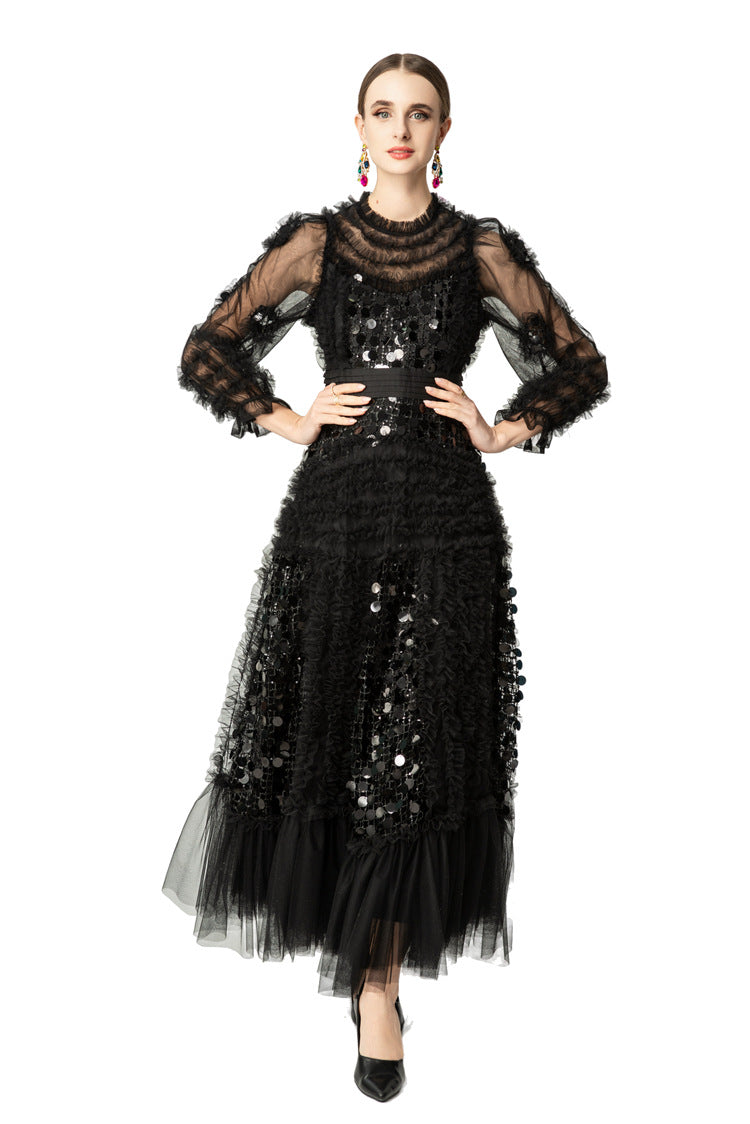 Black Sequin Ruffled Tiered Tulle Maxi Dress SP10062