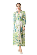 Green Floral Print Lace Trim Button Front Slit Maxi Dress SP10066