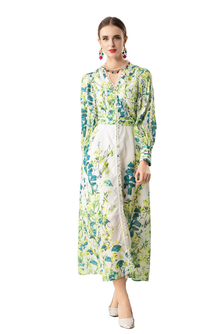 Green Floral Print Lace Trim Button Front Slit Maxi Dress SP10066