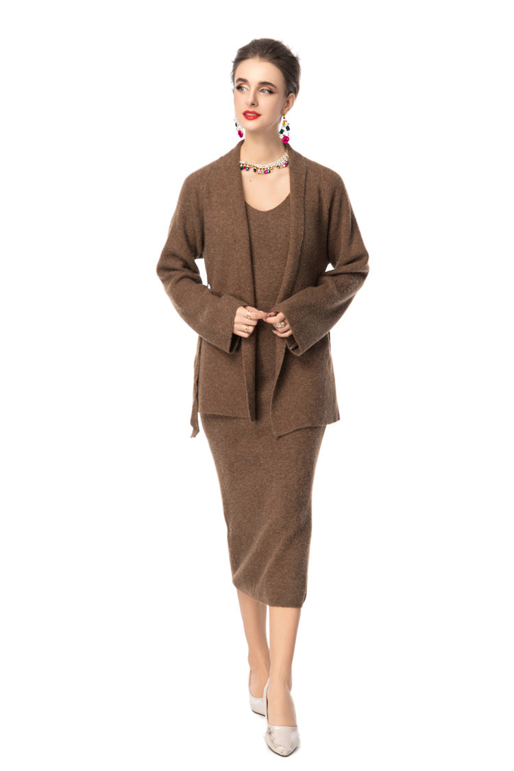 V-Neck Knit Dress & Tie-Waist Cardigan Two-Piece Set SP10098