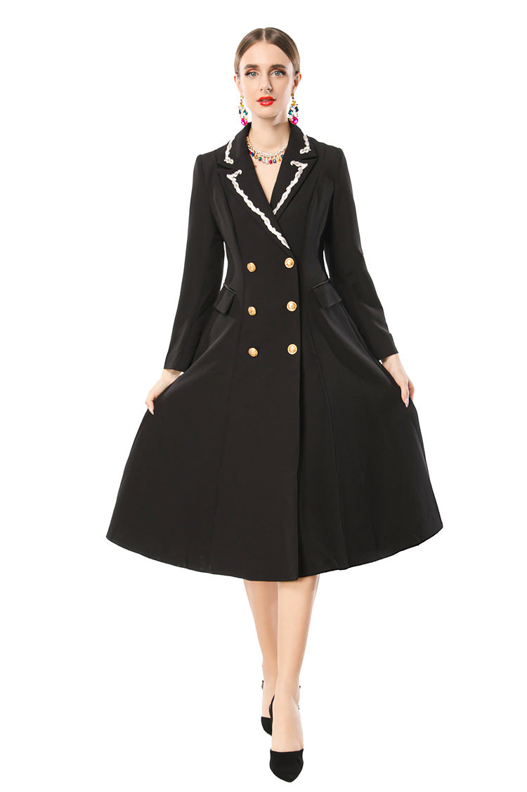 Black Blazer Dress with Braided Trim Lapel & Gold Double Breasted Buttons SP10115