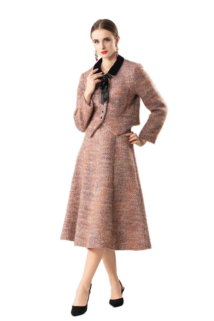 Velvet Collar Tweed Jacket & A-Line Skirt Two-Piece Set SP10082