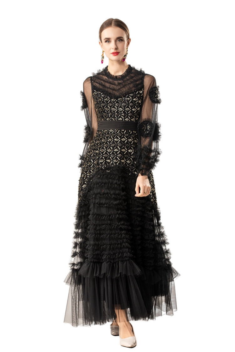 Sequin Embellished 3D Floral Tiered Tulle Maxi Dress SP10086