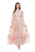 Pink Sequin 3D Floral Embroidered Tiered Tulle Maxi Dress SP10026