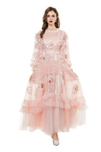 Pink Sequin 3D Floral Embroidered Tiered Tulle Maxi Dress SP10026