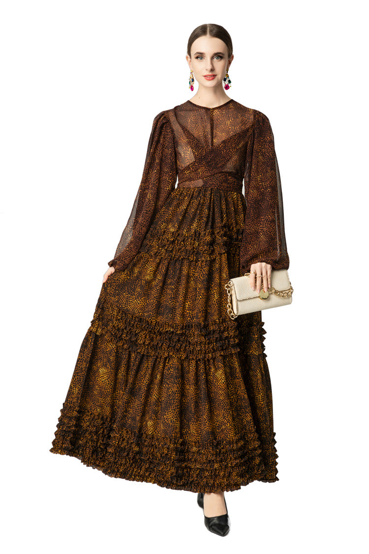 Leopard Print Tiered Ruffle Chiffon Maxi Dress SP10039