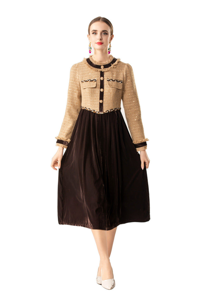 Frayed Collar Tweed Velvet Patchwork Midi Dress SP10072