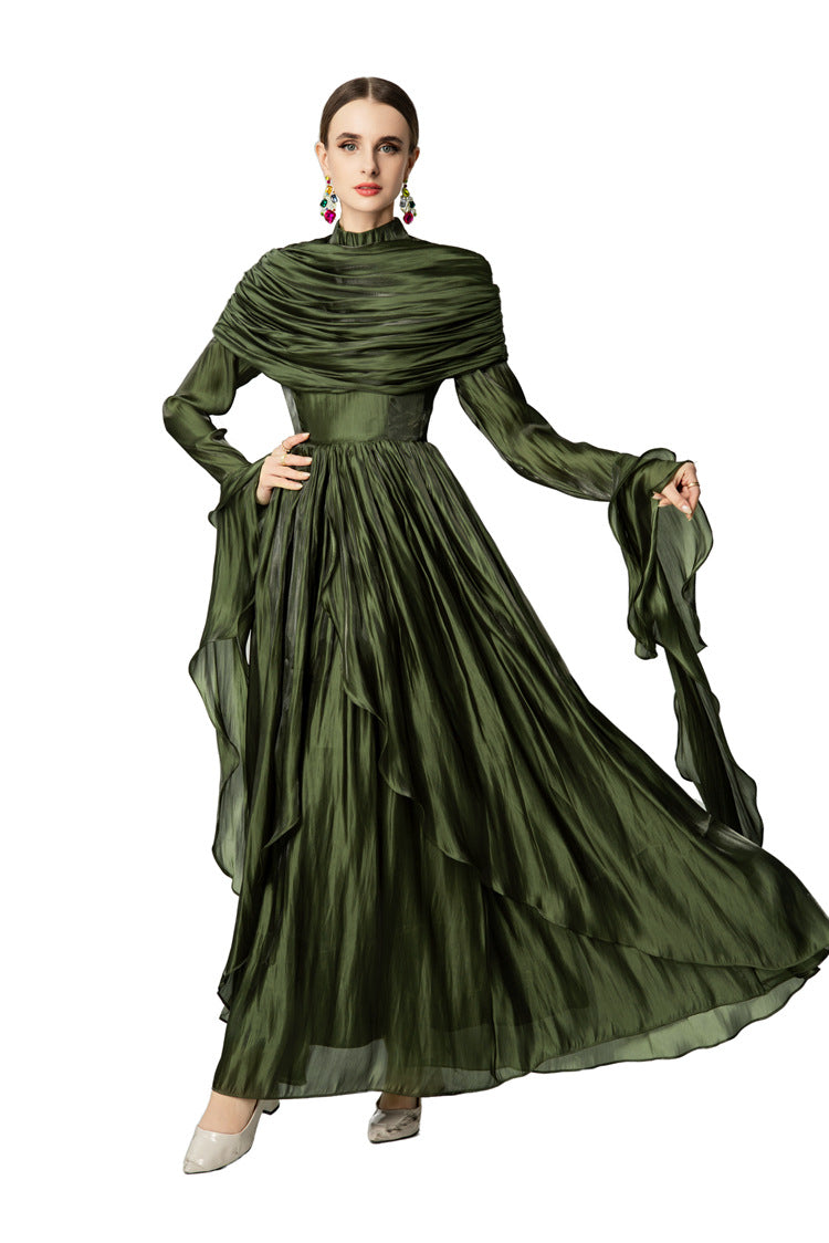Olive Green Satin Draped Shawl Maxi Dress SP10053