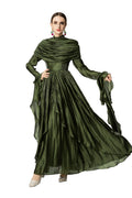 Olive Green Satin Draped Shawl Maxi Dress SP10053