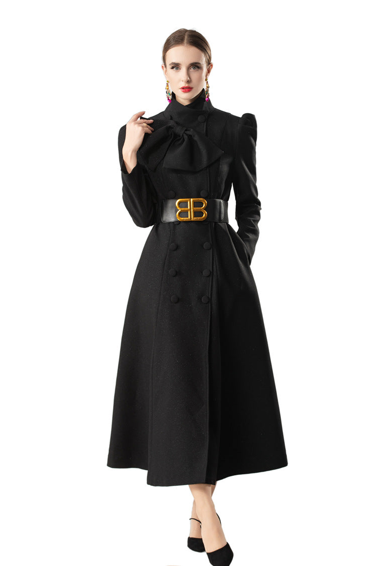 Bow Neck Puff Sleeve Double-Breasted Maxi Coat Dress SP10089