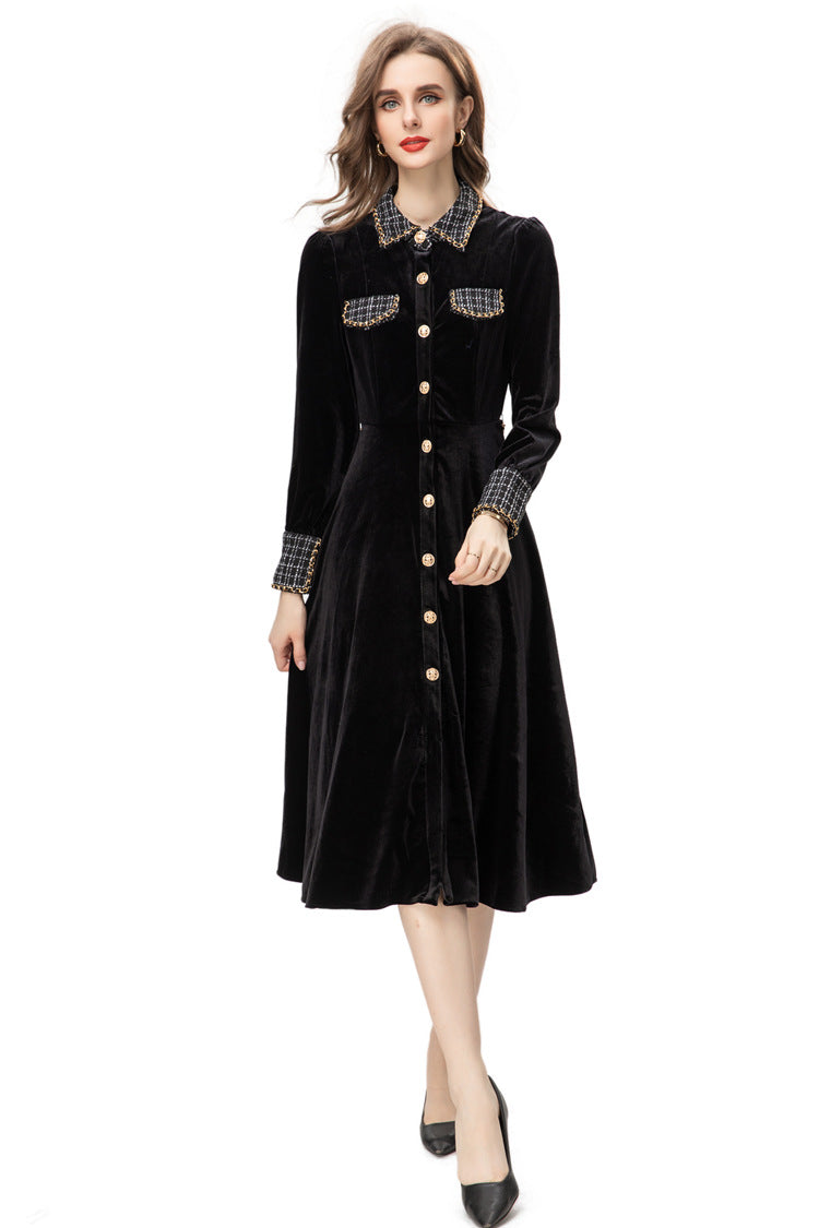 Black Velvet Tweed Trim Midi Dress – French Style Slim Fit Fall Dress