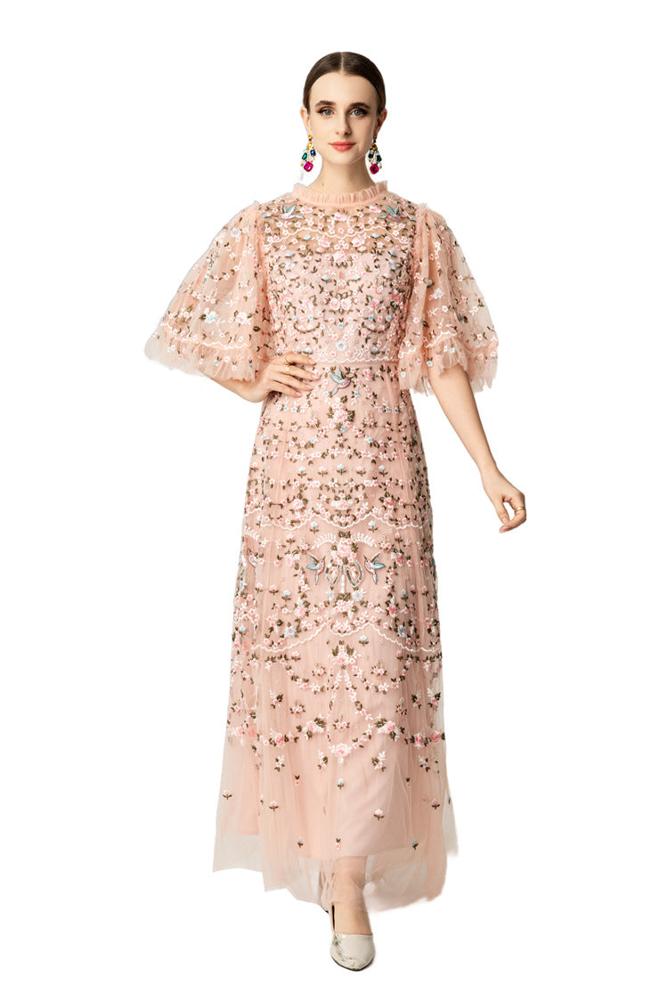 Pink Floral Bird Embroidered Tulle Flutter Sleeve Maxi Dress SP10035