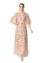 Pink Floral Bird Embroidered Tulle Flutter Sleeve Maxi Dress SP10035