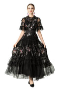 Sequin Floral Embroidered Tiered Tulle Maxi Dress – Ruffled Neck SP10037