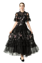 Sequin Floral Embroidered Tiered Tulle Maxi Dress – Ruffled Neck SP10037