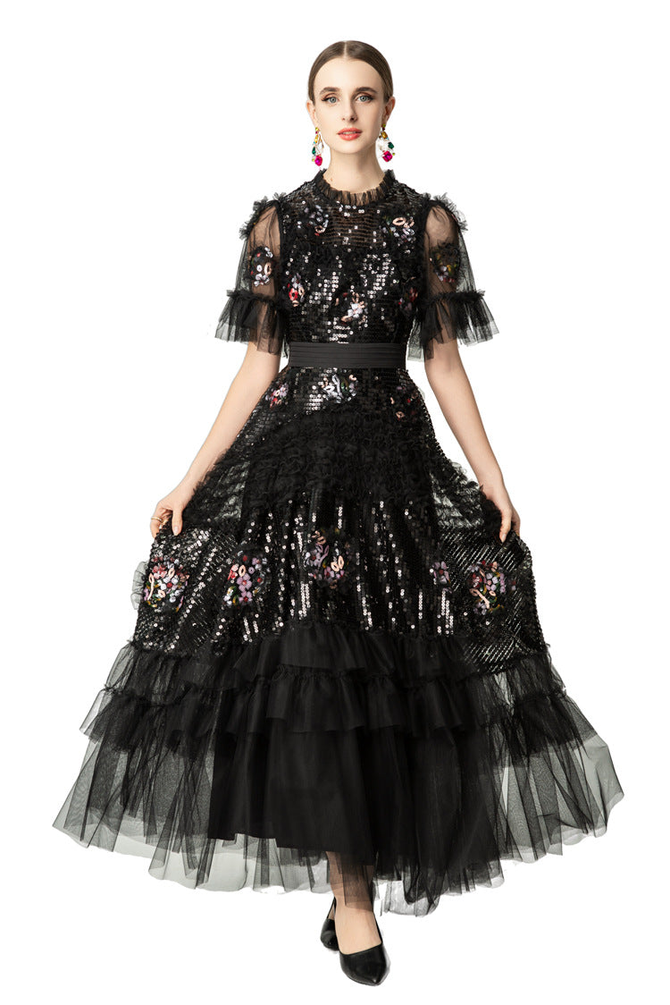 Sequin Floral Embroidered Tiered Tulle Maxi Dress – Ruffled Neck SP10037