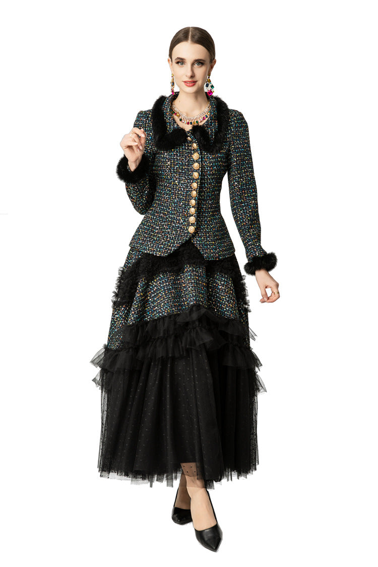 Tweed Faux Fur Trim Jacket & Tiered Tulle Skirt Two-Piece Set SP10051