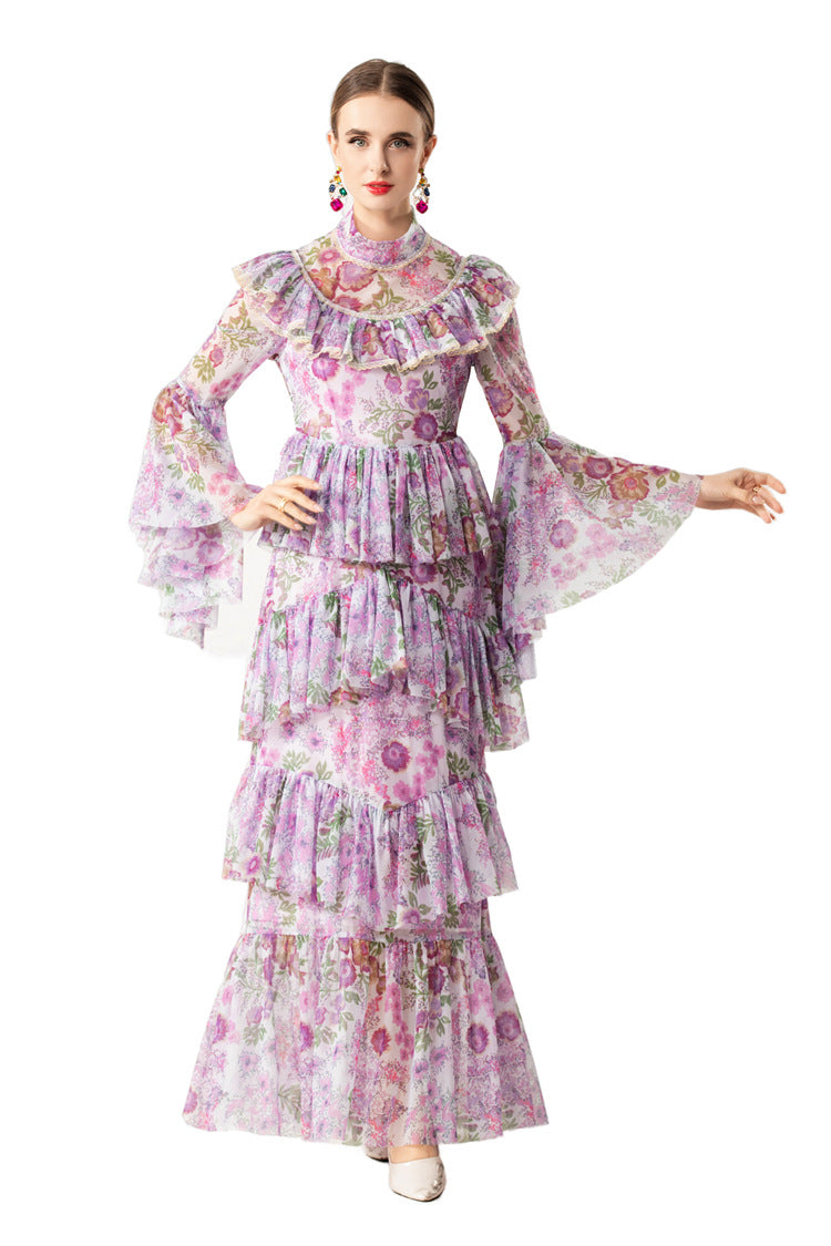 Ruffled High Neck Floral Tiered Cake Maxi Dress SP10075