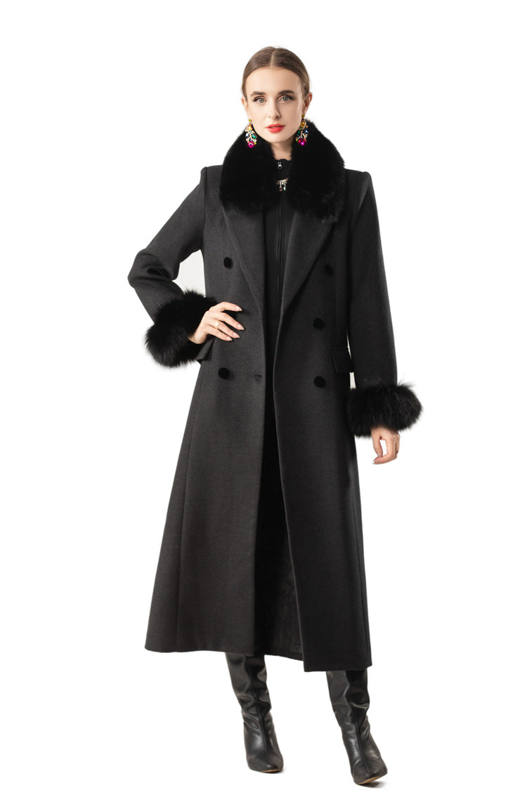Fur Trim Double-Breasted Maxi Wool Coat Dress SP10078