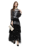 Black Sequin Beaded Tiered Tulle Maxi Evening Gown SP10031