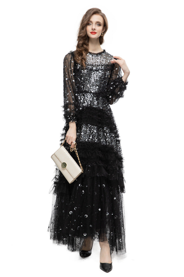 Black Sequin Beaded Tiered Tulle Maxi Evening Gown SP10031