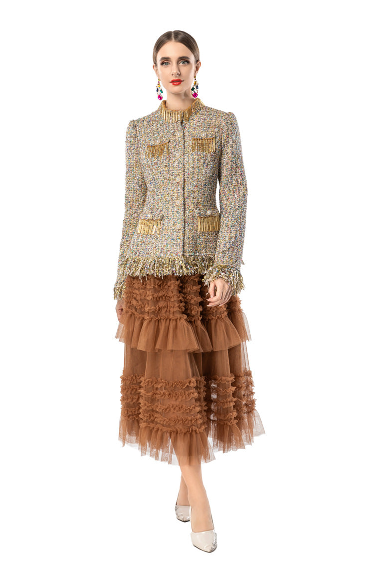 Women's Tweed 2-Piece Set, Gold Fringe Trim Tweed Jacket + Brown Tiered Tulle Maxi Skirt SP10107