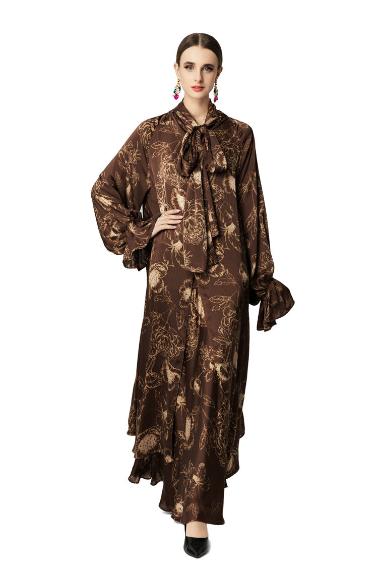 Brown Floral Print Bow Tie Neck Loose Maxi Dress SP10041