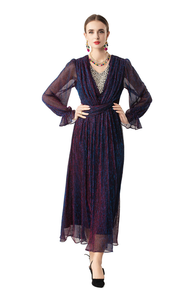 Iridescent Shimmer Beaded Ruched Waist Midi Dress SP10015