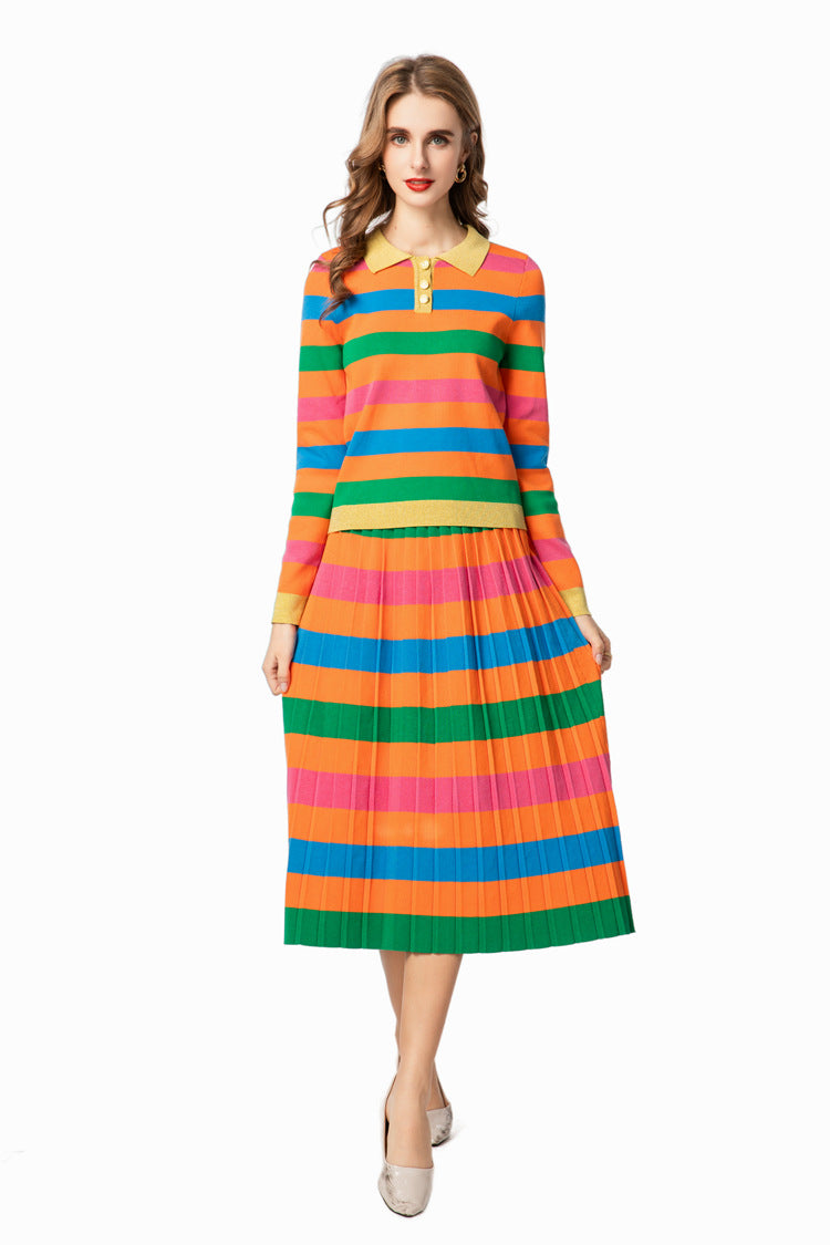 Rainbow Striped Knit Polo Top & Pleated Skirt Set SP10007