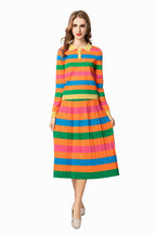 Rainbow Striped Knit Polo Top & Pleated Skirt Set SP10007