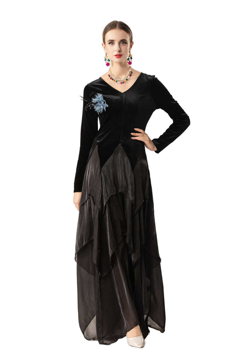 Velvet Satin Asymmetrical Tiered Maxi Dress with Floral Brooch SP10081