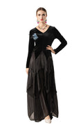 Velvet Satin Asymmetrical Tiered Maxi Dress with Floral Brooch SP10081