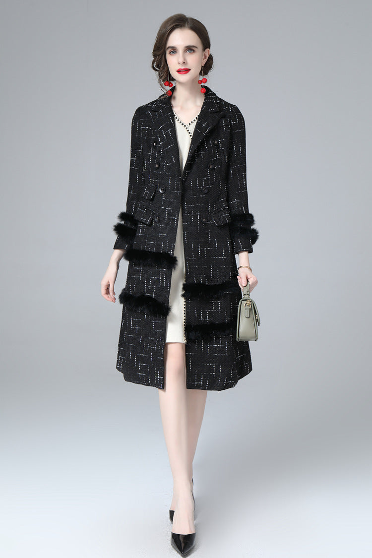 Black Tweed Faux Fur Trim Double Breasted Midi Coat – Luxury Winter Overcoat SP10034